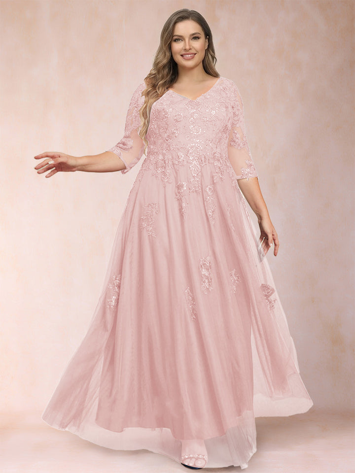 A-Line/Princess V-Neck 3/4 Sleeves Plus Size Mother of the Bride Dresses with Appliques &amp; Sequins