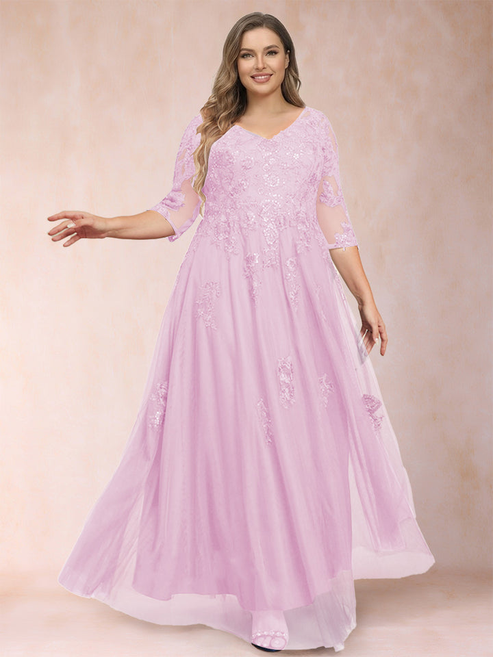 A-Line/Princess V-Neck 3/4 Sleeves Plus Size Mother of the Bride Dresses with Appliques &amp; Sequins