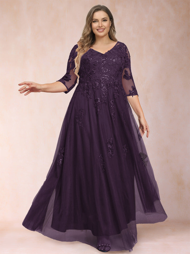 A-Line/Princess V-Neck 3/4 Sleeves Plus Size Mother of the Bride Dresses with Appliques &amp; Sequins