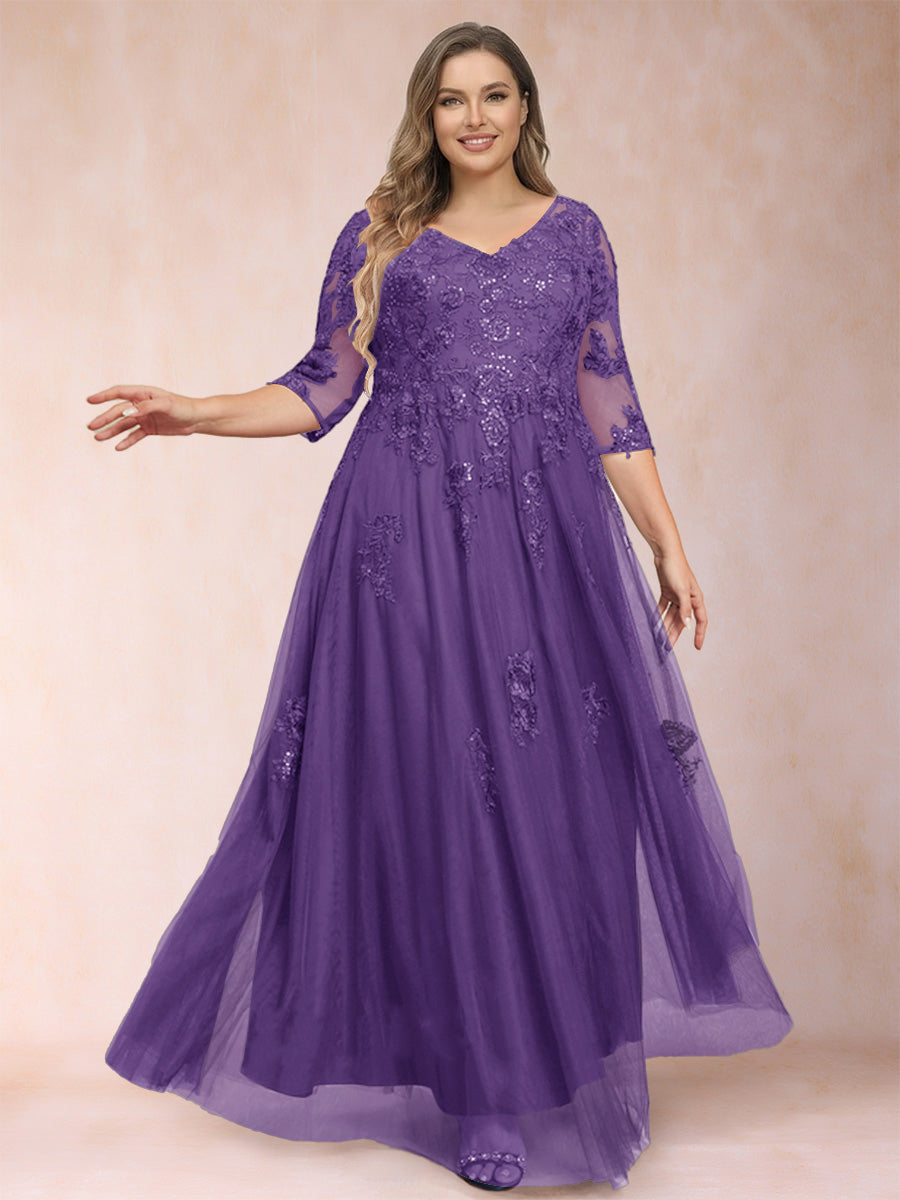 A-Line/Princess V-Neck 3/4 Sleeves Plus Size Mother of the Bride Dresses with Appliques &amp; Sequins