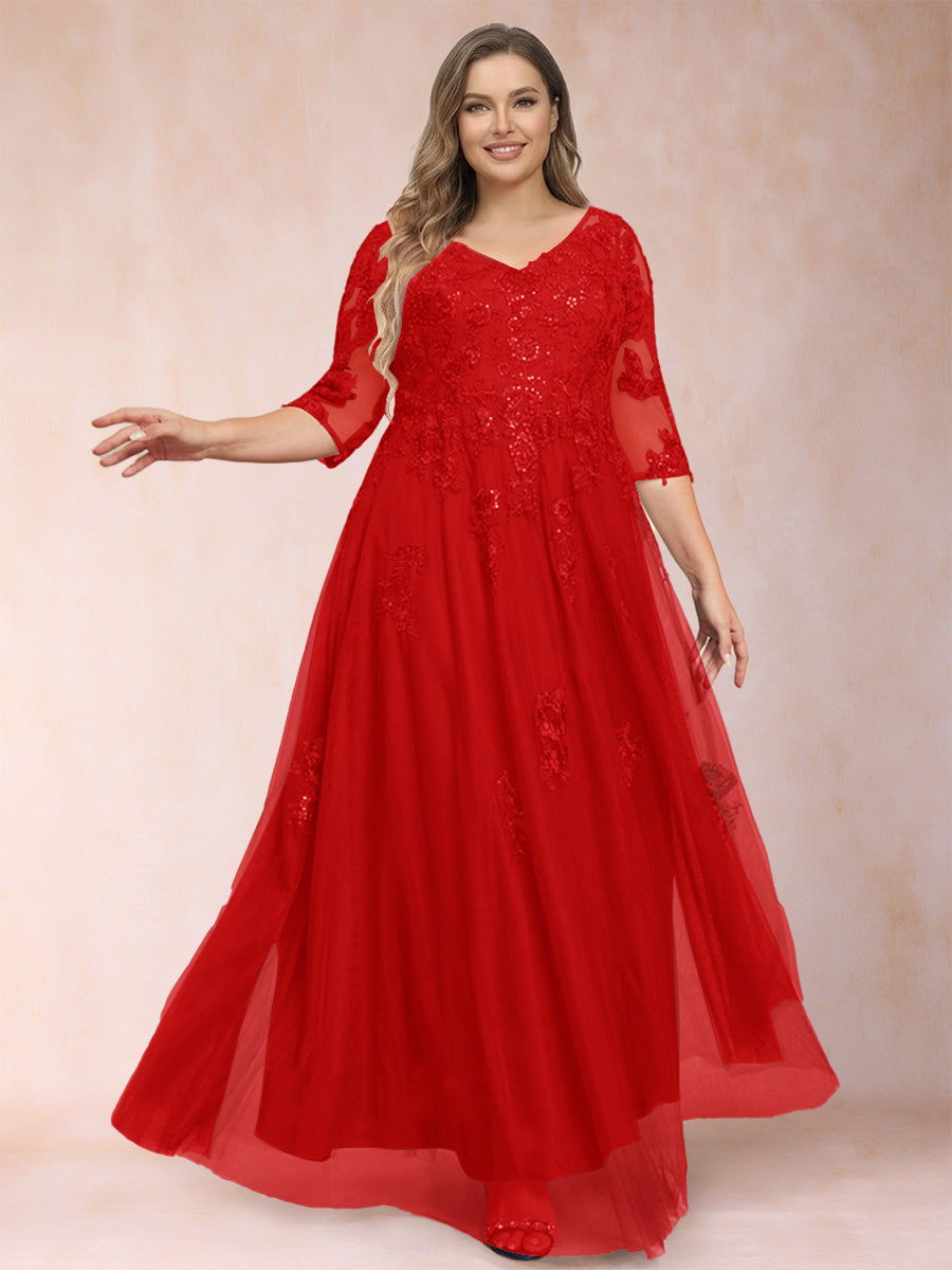 A-Line/Princess V-Neck 3/4 Sleeves Plus Size Mother of the Bride Dresses with Appliques &amp; Sequins