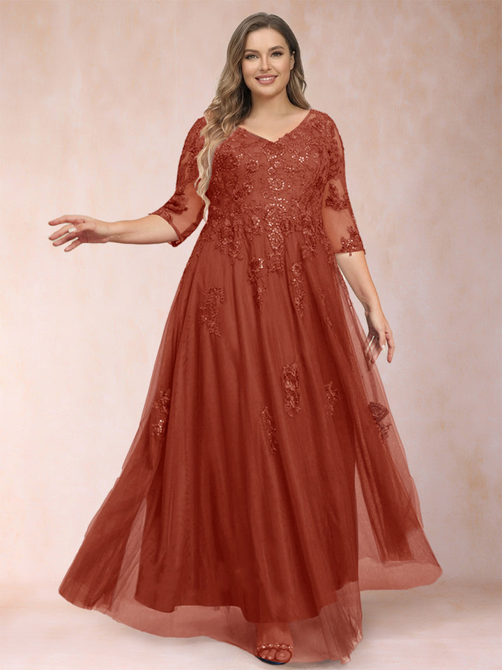 A-Line/Princess V-Neck 3/4 Sleeves Plus Size Mother of the Bride Dresses with Appliques &amp; Sequins