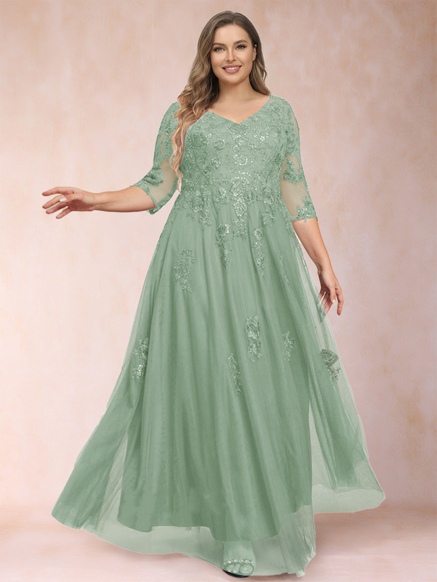 A-Line/Princess V-Neck 3/4 Sleeves Plus Size Mother of the Bride Dresses with Appliques &amp; Sequins