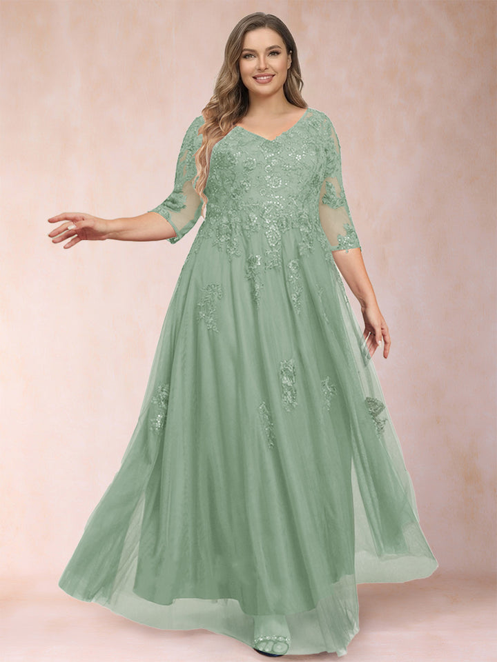 A-Line/Princess V-Neck 3/4 Sleeves Plus Size Mother of the Bride Dresses with Appliques &amp; Sequins