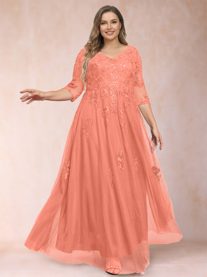 A-Line/Princess V-Neck 3/4 Sleeves Plus Size Mother of the Bride Dresses with Appliques &amp; Sequins