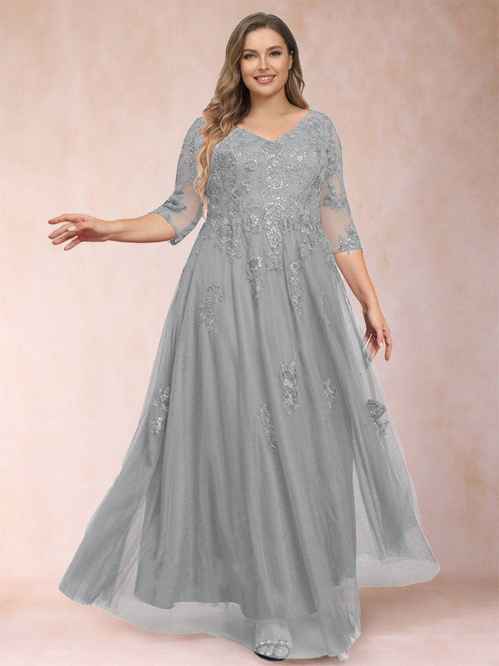 A-Line/Princess V-Neck 3/4 Sleeves Plus Size Mother of the Bride Dresses with Appliques &amp; Sequins
