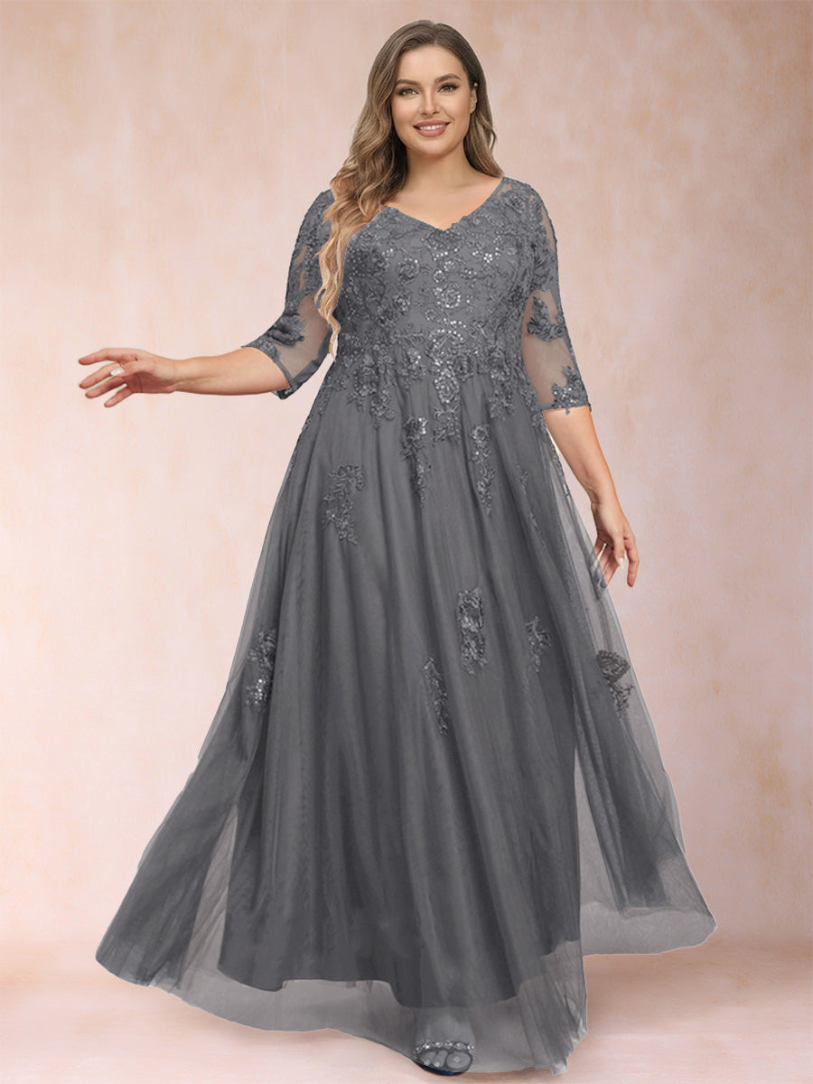 A-Line/Princess V-Neck 3/4 Sleeves Plus Size Mother of the Bride Dresses with Appliques &amp; Sequins