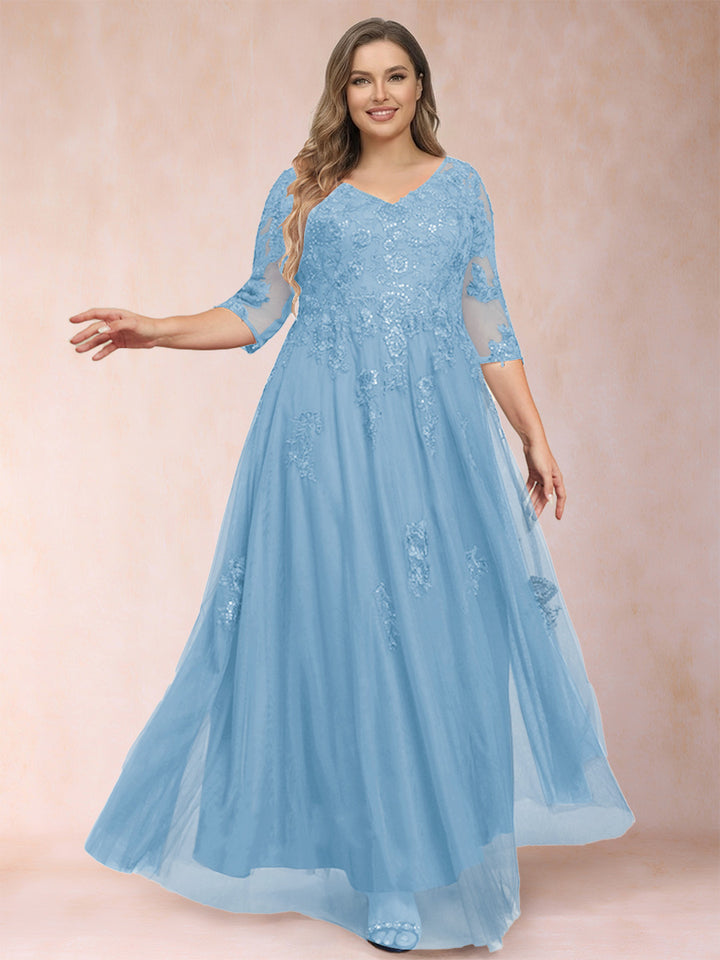 A-Line/Princess V-Neck 3/4 Sleeves Plus Size Mother of the Bride Dresses with Appliques &amp; Sequins