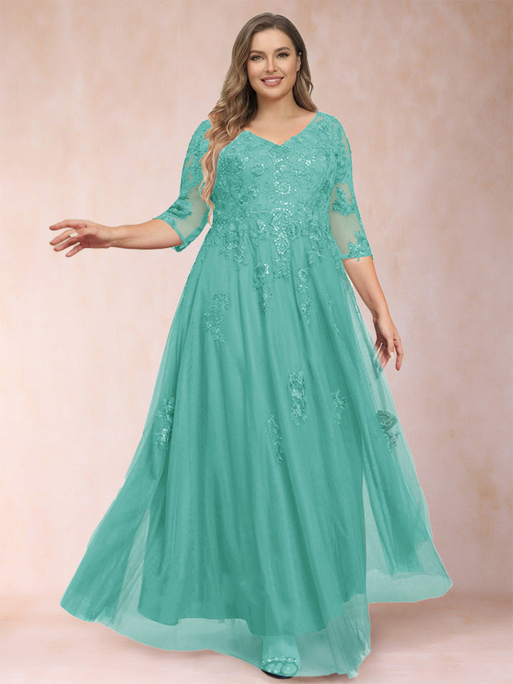 A-Line/Princess V-Neck 3/4 Sleeves Plus Size Mother of the Bride Dresses with Appliques &amp; Sequins