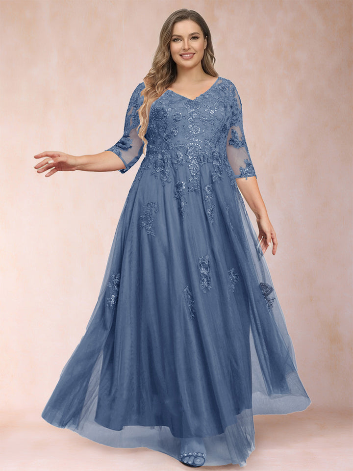 A-Line/Princess V-Neck 3/4 Sleeves Plus Size Mother of the Bride Dresses with Appliques &amp; Sequins