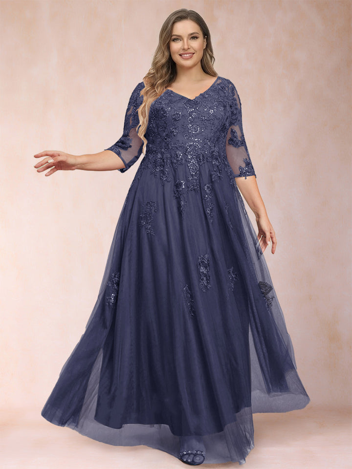 A-Line/Princess V-Neck 3/4 Sleeves Plus Size Mother of the Bride Dresses with Appliques &amp; Sequins