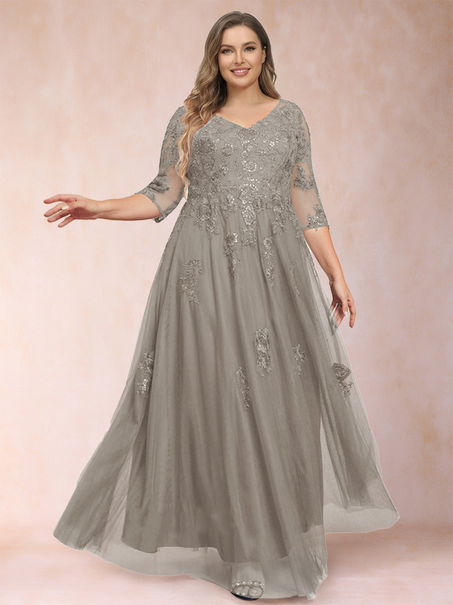 A-Line/Princess V-Neck 3/4 Sleeves Plus Size Mother of the Bride Dresses with Appliques &amp; Sequins