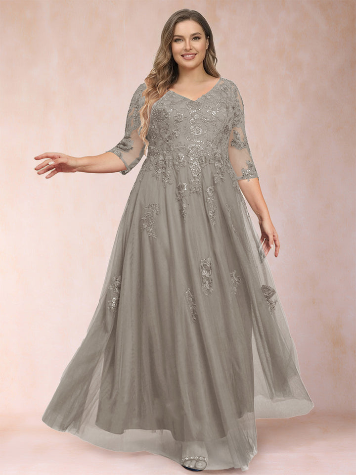 A-Line/Princess V-Neck 3/4 Sleeves Plus Size Mother of the Bride Dresses with Appliques &amp; Sequins