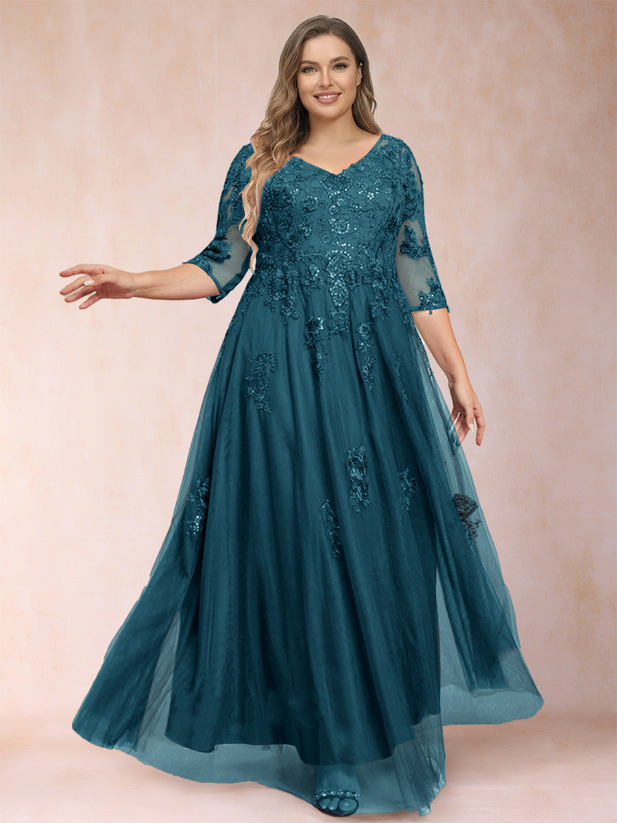 A-Line/Princess V-Neck 3/4 Sleeves Plus Size Mother of the Bride Dresses with Appliques &amp; Sequins