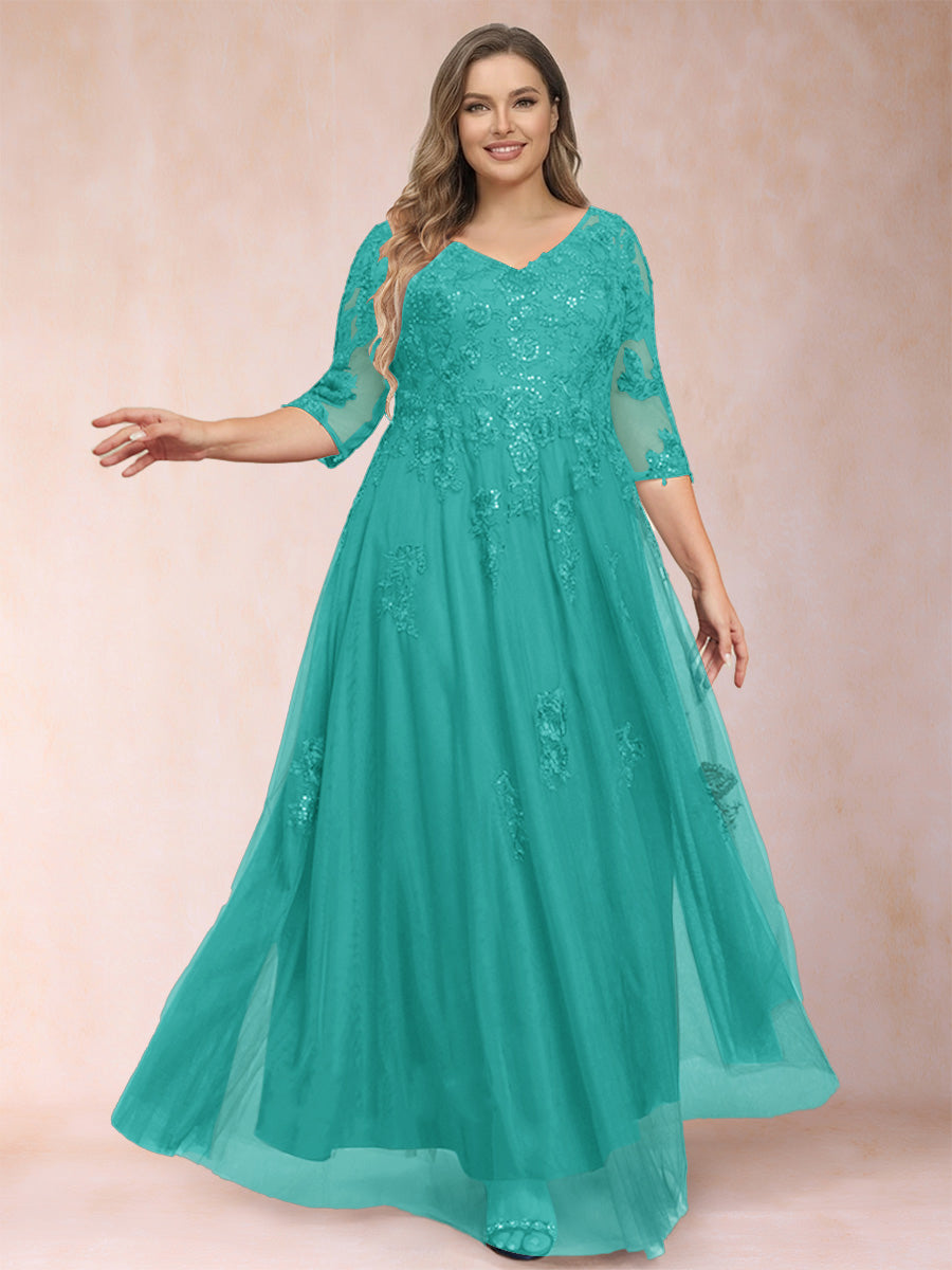 A-Line/Princess V-Neck 3/4 Sleeves Plus Size Mother of the Bride Dresses with Appliques &amp; Sequins