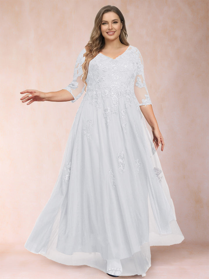 A-Line/Princess V-Neck 3/4 Sleeves Plus Size Mother of the Bride Dresses with Appliques &amp; Sequins