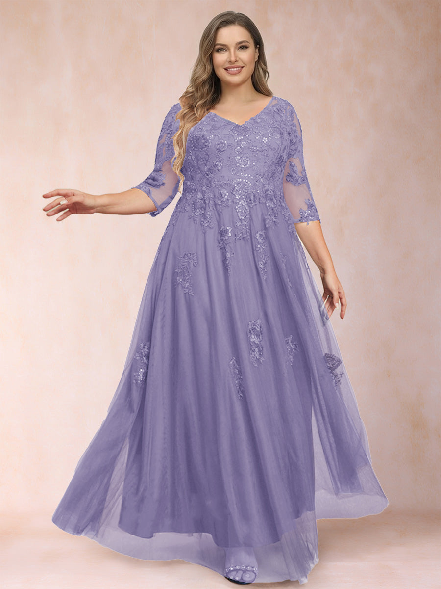 A-Line/Princess V-Neck 3/4 Sleeves Plus Size Mother of the Bride Dresses with Appliques &amp; Sequins