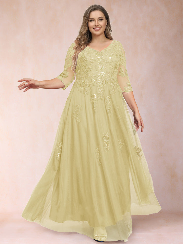 A-Line/Princess V-Neck 3/4 Sleeves Plus Size Mother of the Bride Dresses with Appliques &amp; Sequins