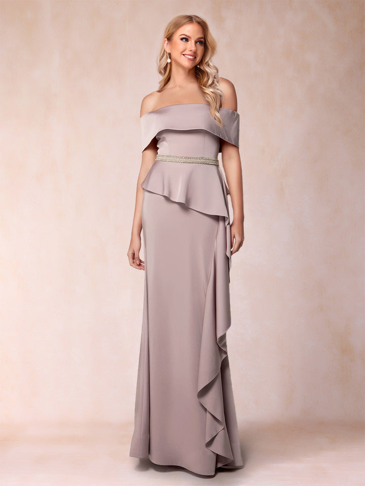 Sheath/Column Off-the-Shoulder Mother of the Bride Dresses with Rhinestone &amp; Ruffles