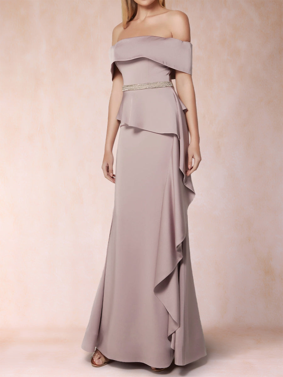 Sheath/Column Off-the-Shoulder Mother of the Bride Dresses with Rhinestone &amp; Ruffles
