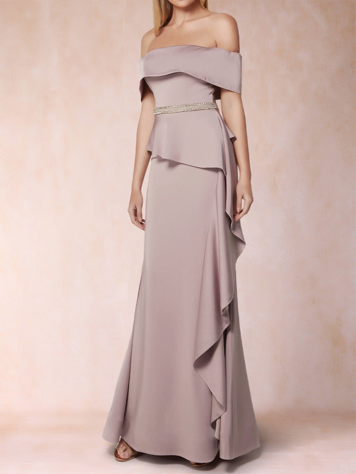 Sheath/Column Off-the-Shoulder Mother of the Bride Dresses with Rhinestone &amp; Ruffles