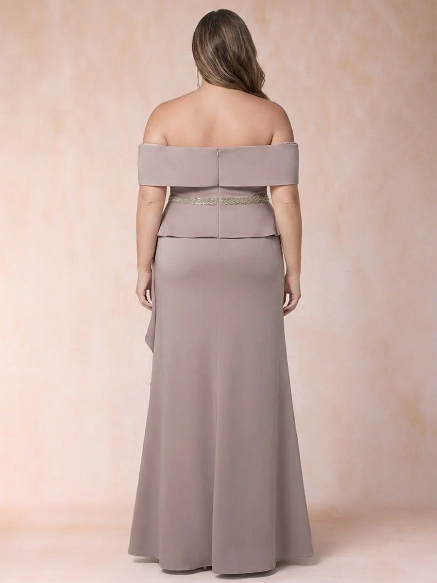 Sheath/Column Off-the-Shoulder Plus Size Mother of the Bride Dresses with Rhinestone &amp; Ruffles
