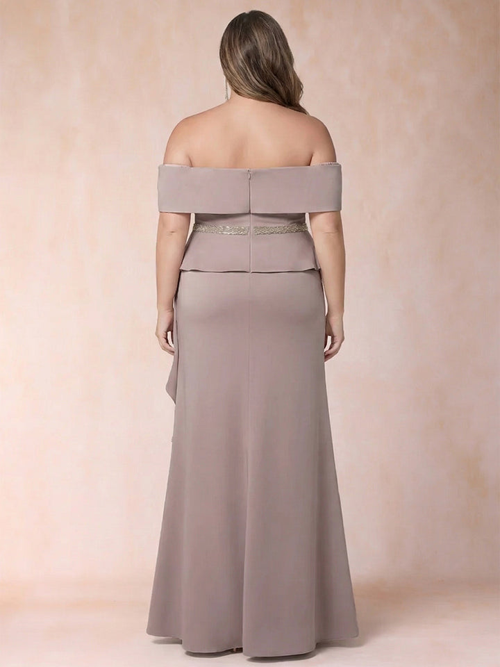 Sheath/Column Off-the-Shoulder Plus Size Mother of the Bride Dresses with Rhinestone &amp; Ruffles