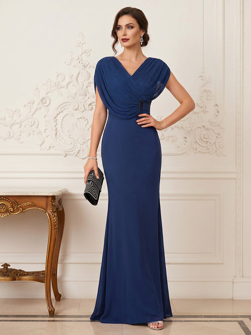 Lavetir Navy Blue Trumpet/Mermaid V-Neck Short Sleeves Floor-Length Pleated Mother of the Bride Dresses with Rhinestone 2026 Lavetir Navy Blue Trumpet/Mermaid V-Neck Short Sleeves Floor-Length Pleated Mother of the Bride Dresses with Rhinestone 2026