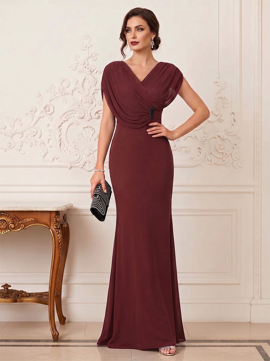Trumpet/Mermaid V-Neck Short Sleeves Floor-Length Pleated Mother of the Bride Dresses with Rhinestone