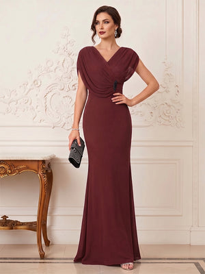 Trumpet/Mermaid V-Neck Short Sleeves Floor-Length Pleated Mother of the Bride Dresses with Rhinestone