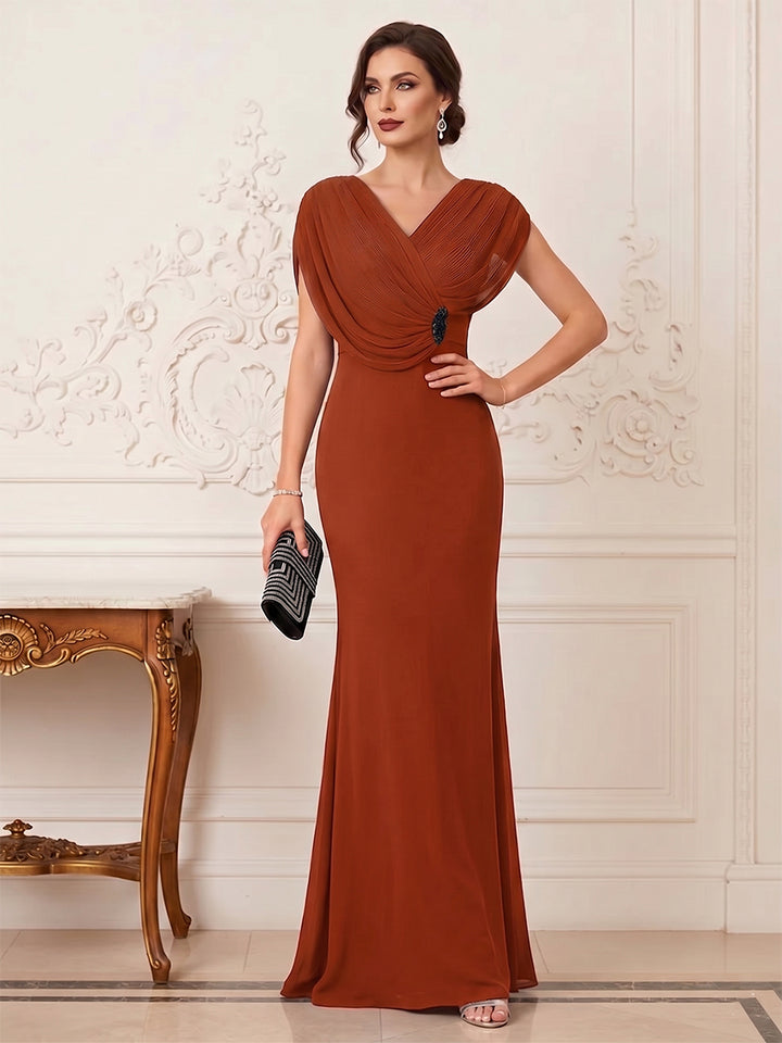 Trumpet/Mermaid V-Neck Short Sleeves Floor-Length Pleated Mother of the Bride Dresses with Rhinestone