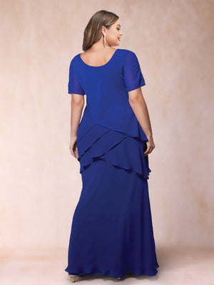 Sheath/Column Scoop Short Sleeves Chiffon Plus Size Mother of the Bride Dresses with Ruffles