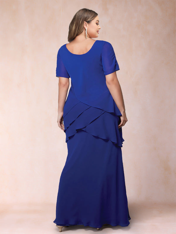 Sheath/Column Scoop Short Sleeves Chiffon Plus Size Mother of the Bride Dresses with Ruffles