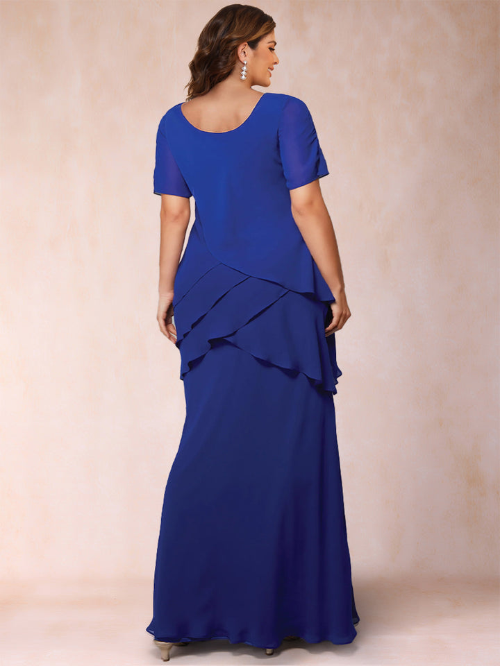 Sheath/Column Scoop Short Sleeves Chiffon Plus Size Mother of the Bride Dresses with Ruffles