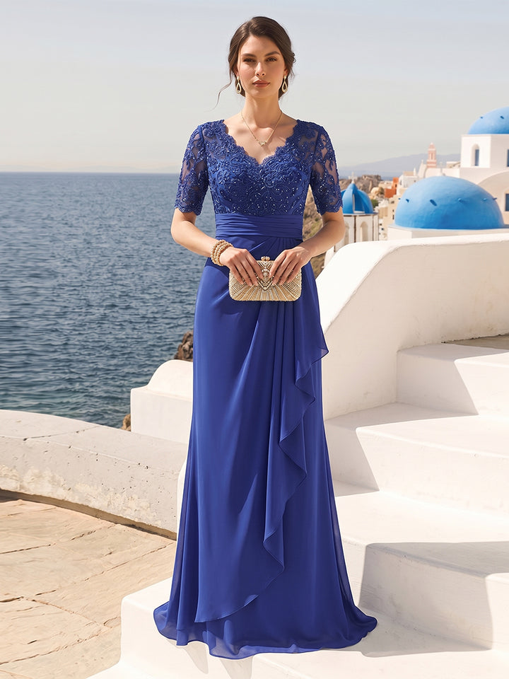 Sheath/Column V-Neck Short Sleeves Mother of the Bride Dresses with Appliques &amp; Ruffles