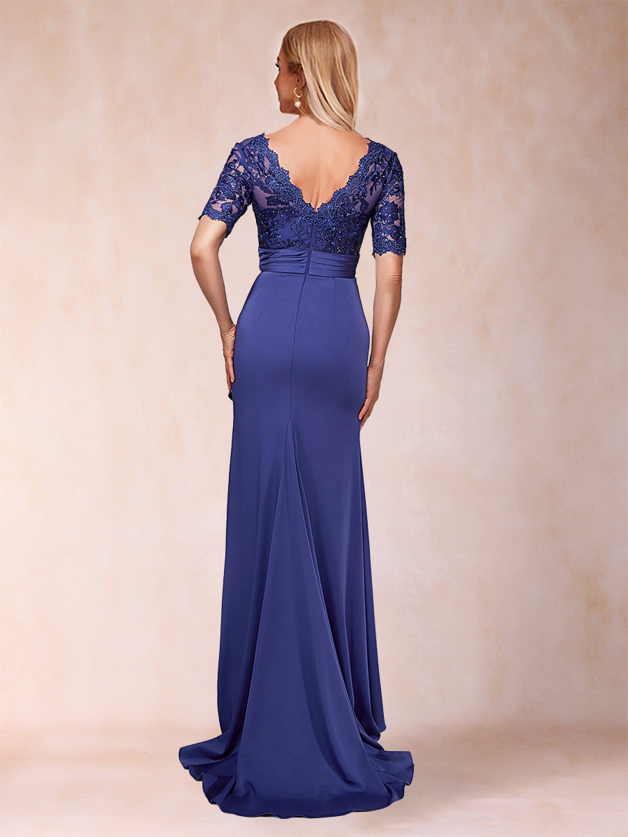 Sheath/Column V-Neck Short Sleeves Mother of the Bride Dresses with Appliques &amp; Ruffles