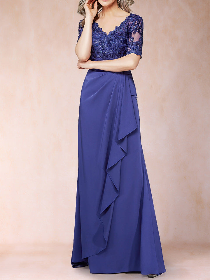 Sheath/Column V-Neck Short Sleeves Mother of the Bride Dresses with Appliques &amp; Ruffles