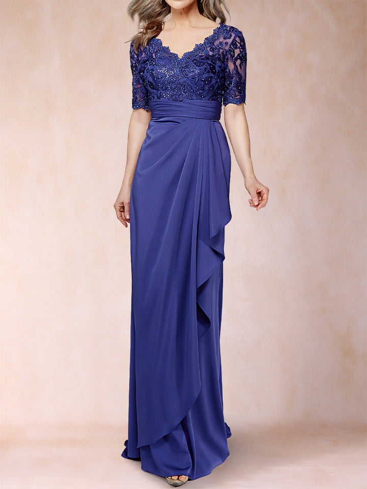 Sheath/Column V-Neck Short Sleeves Mother of the Bride Dresses with Appliques &amp; Ruffles