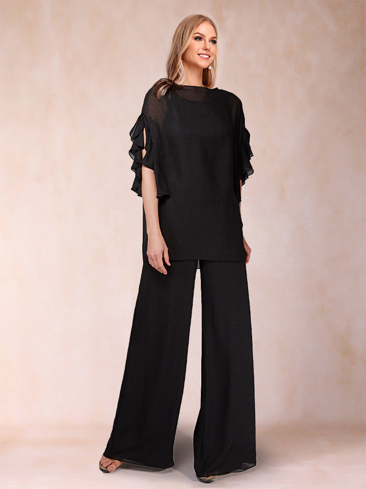 Black Chiffon Scoop Half Sleeves Jumpsuits with Ruches