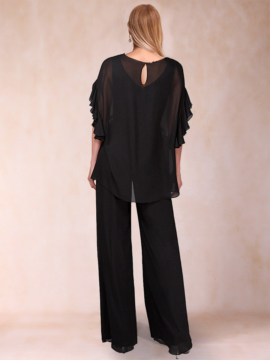 Black Chiffon Scoop Half Sleeves Jumpsuits with Ruches