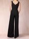 Black Chiffon Scoop Half Sleeves Jumpsuits with Ruches