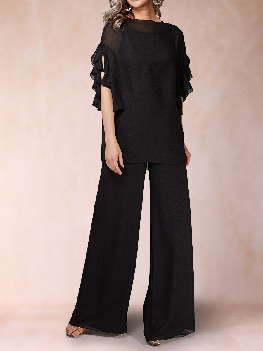 Black Chiffon Scoop Half Sleeves Jumpsuits with Ruches