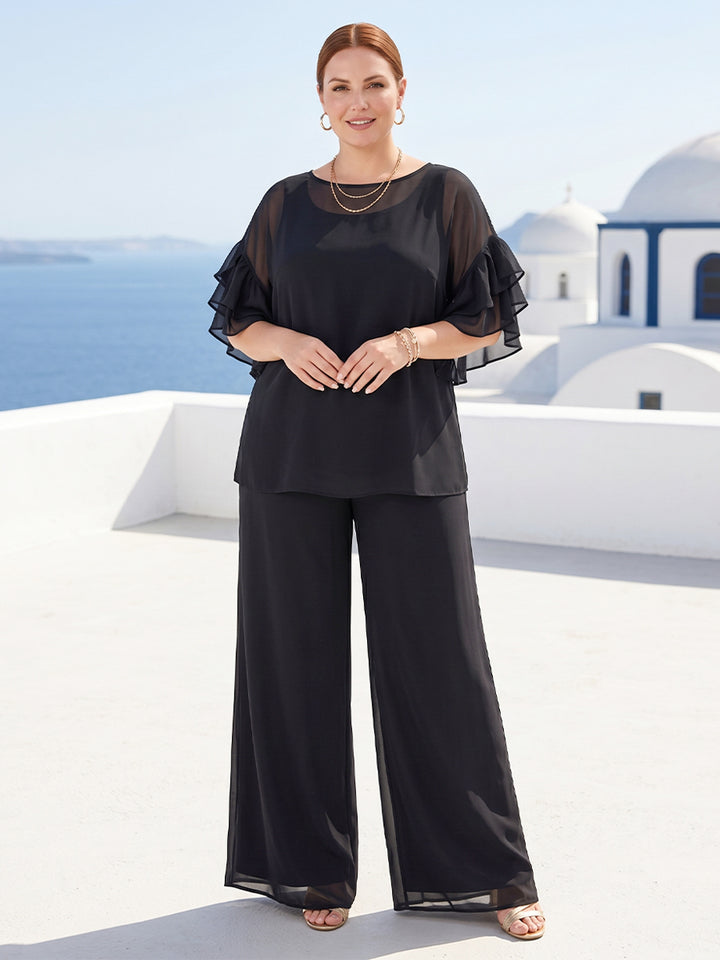 Black Chiffon Scoop Half Sleeves 2 Pieces Plus Size Jumpsuits with Ruches