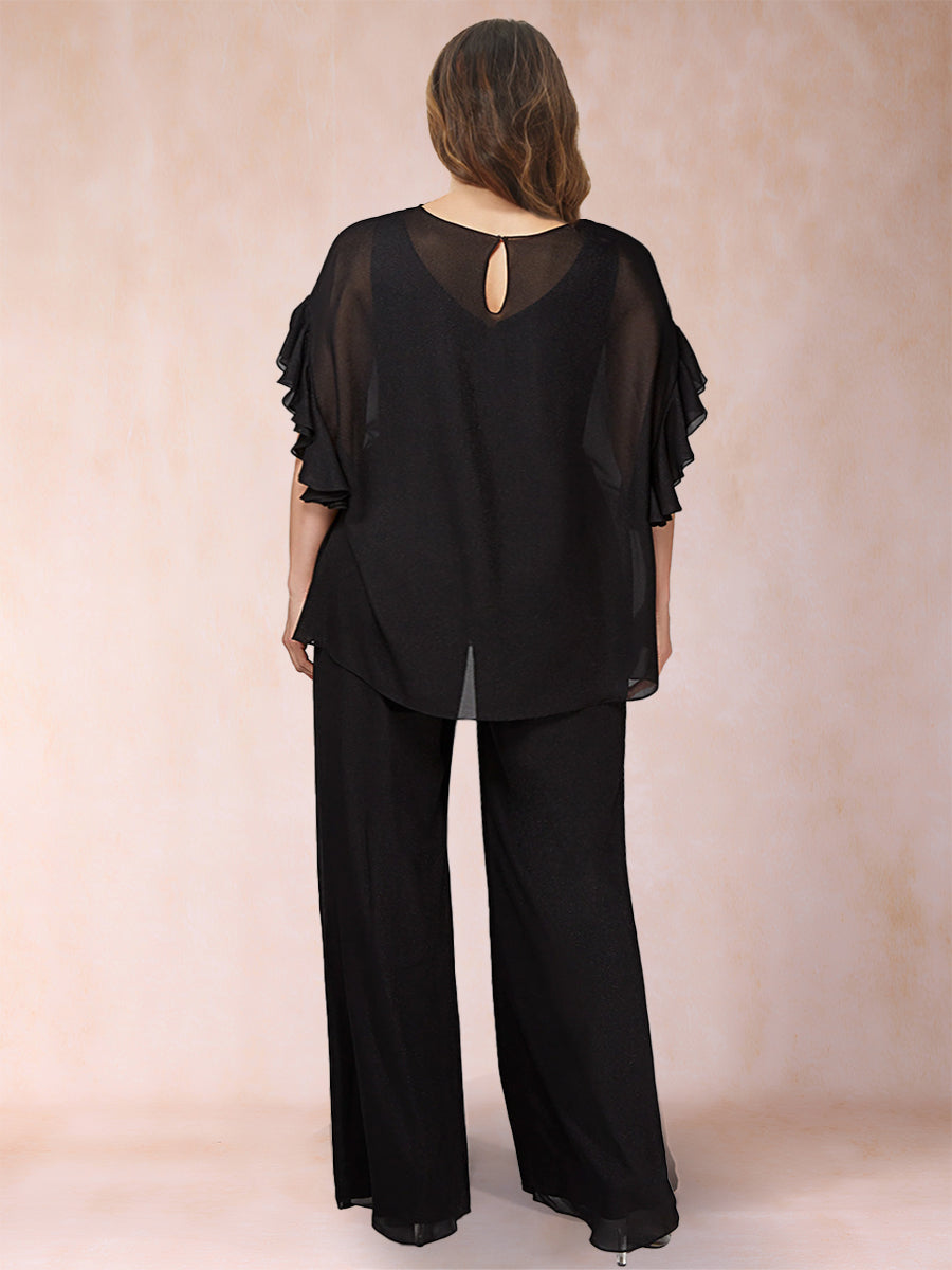 Black Chiffon Scoop Half Sleeves 2 Pieces Plus Size Jumpsuits with Ruches
