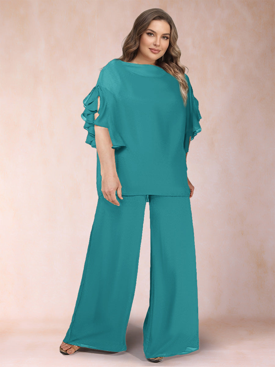 Black Chiffon Scoop Half Sleeves 2 Pieces Plus Size Jumpsuits with Ruches