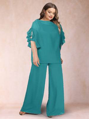 Black Chiffon Scoop Half Sleeves 2 Pieces Plus Size Pantsuits with Ruches
