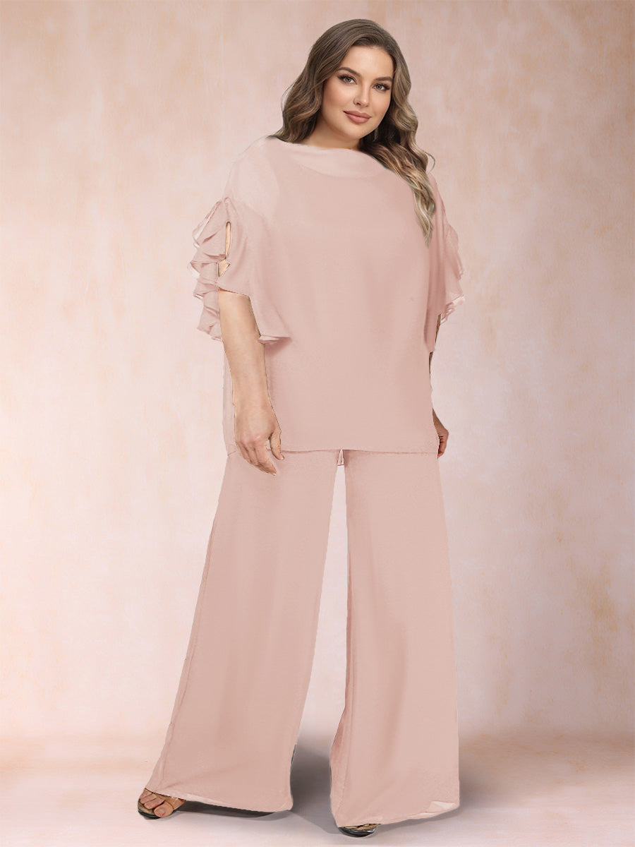 Black Chiffon Scoop Half Sleeves 2 Pieces Plus Size Jumpsuits with Ruches