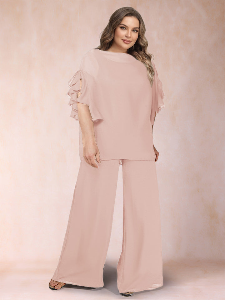 Black Chiffon Scoop Half Sleeves 2 Pieces Plus Size Jumpsuits with Ruches