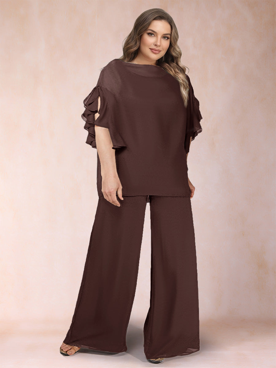 Black Chiffon Scoop Half Sleeves 2 Pieces Plus Size Jumpsuits with Ruches