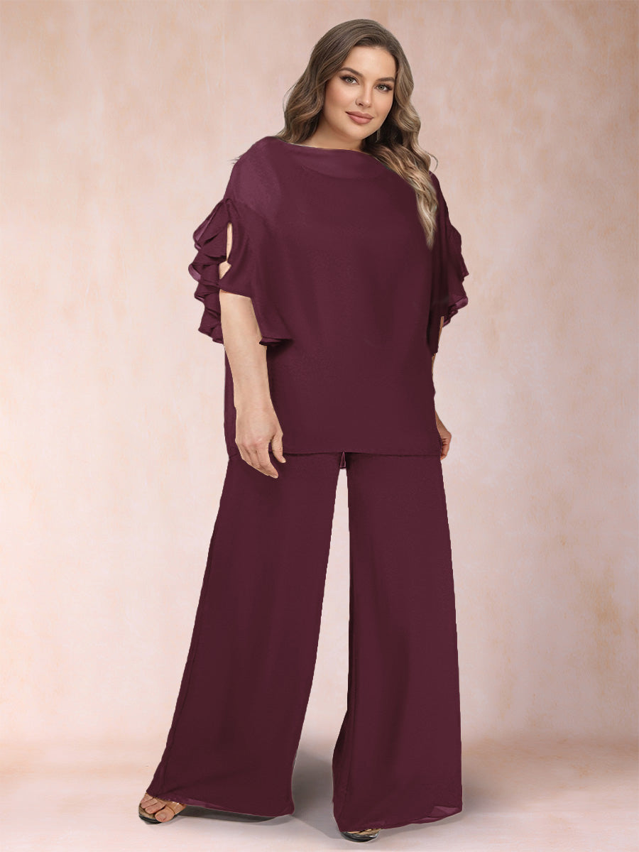 Black Chiffon Scoop Half Sleeves 2 Pieces Plus Size Jumpsuits with Ruches